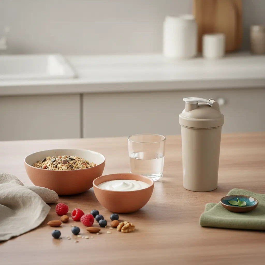 Ernährungspyramide: veganes Frühstück mit Haferflocken, Nüssen, Beeren, Wasser und Shake auf nachhaltigem Holztisch in einer europäischen Küche bei sanftem Morgenlicht.