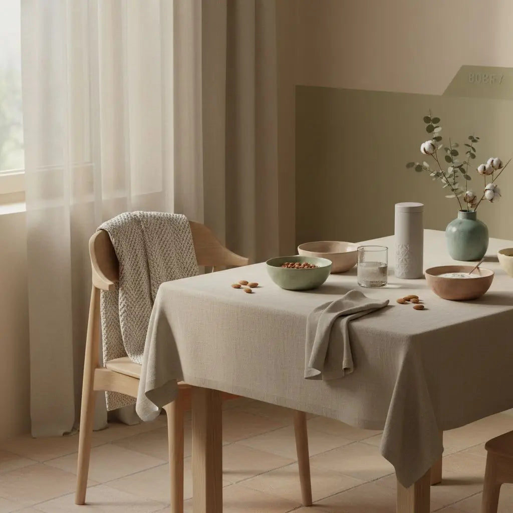 Minimalistisches Frühstück mit Granola, Joghurt, Nüssen und pflanzlichem Shake in einer europäischen Küche als Visual für Ernährungsumstellung.