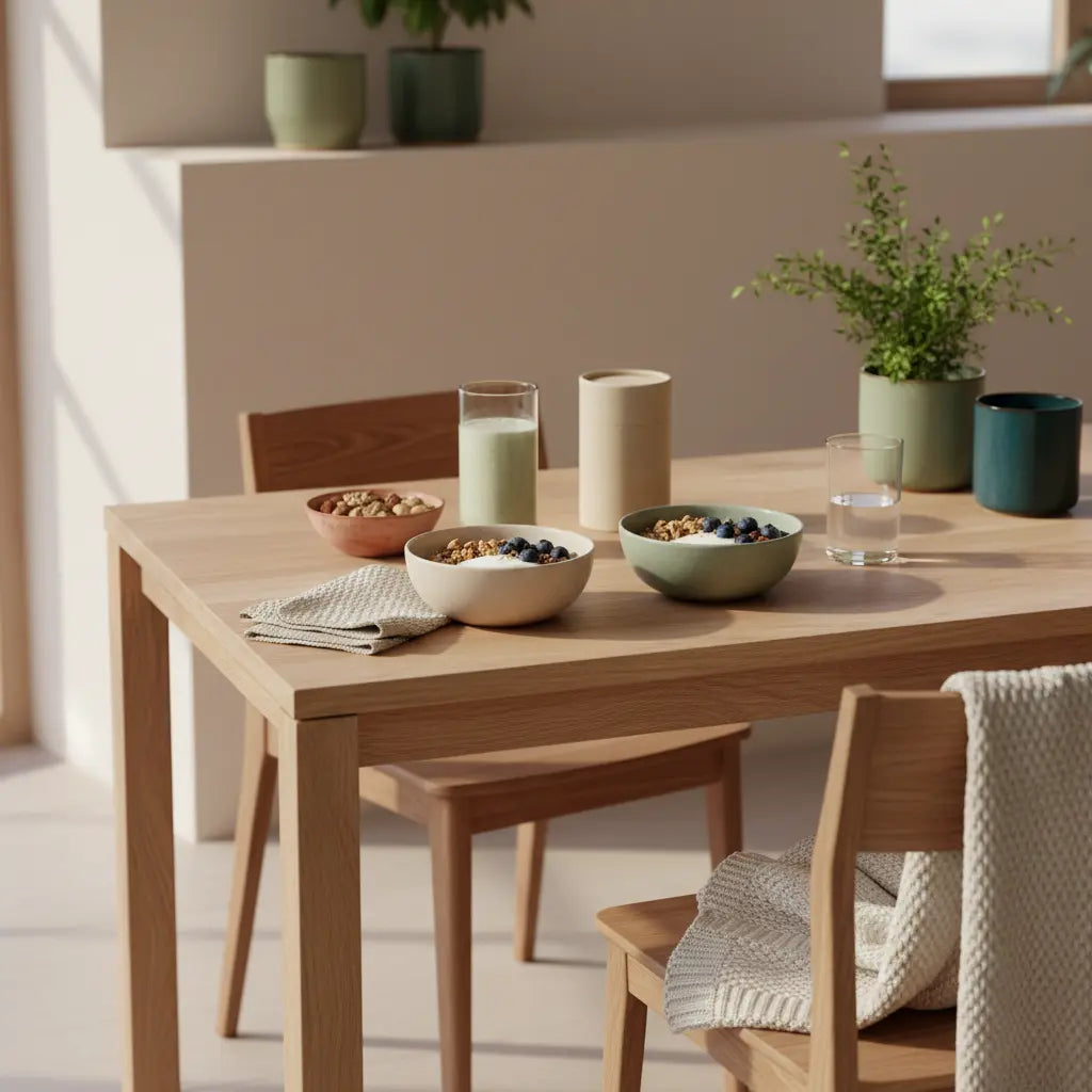 Frühstück mit Granola, pflanzlichem Joghurt, Nüssen und Shake auf nachhaltigem Holztisch in einer europäischen Küche – Ersatz für Zucker beim Backen