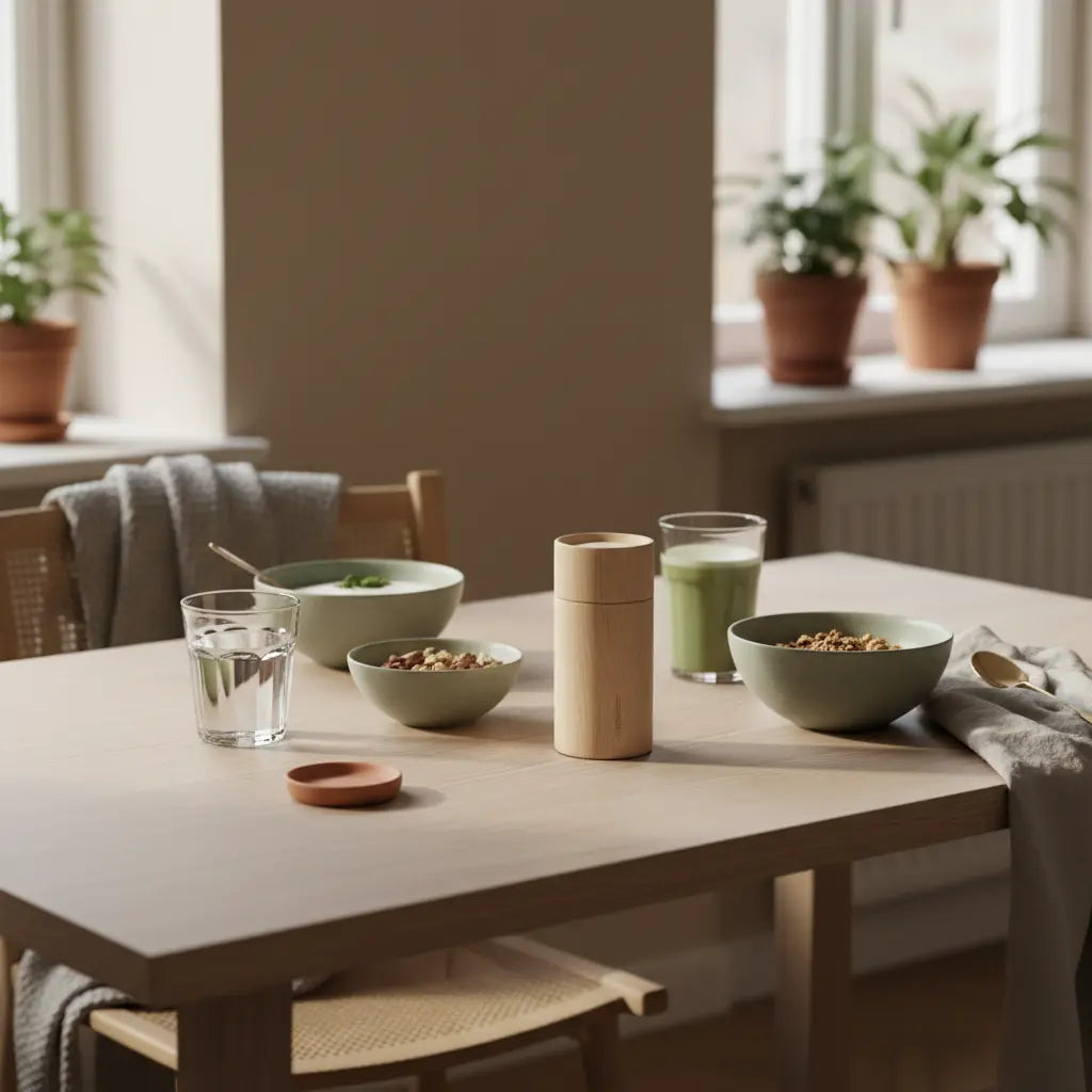 Beruhigendes veganes Morgenfrühstück mit Granola, pflanzlichem Joghurt, Nüssen und Shake auf nachhaltigem Tisch in ruhiger Küche – Achtsamkeit bei Erschöpfungsdepression