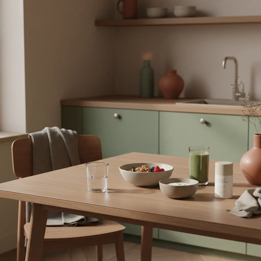 Minimalistisches veganes Frühstück mit Granola, pflanzlichem Joghurt, Nüssen und Shake auf nachhaltig gedecktem Tisch in europäischer Küche bei sanftem Morgenlicht – extremer Veganismus