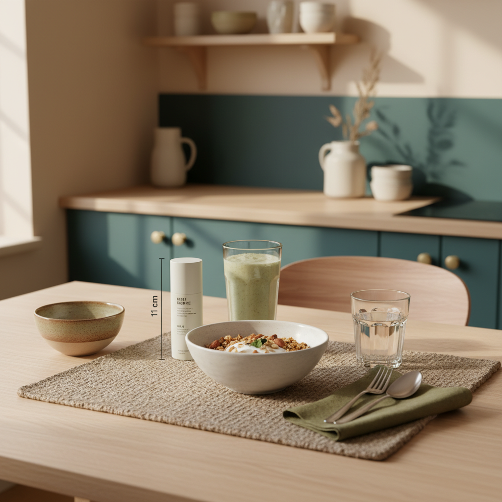 Minimalistisches veganes Frühstück mit Granola, pflanzlichem Joghurt, Nüssen und Shake auf nachhaltigem Tisch mit Woll- und Leinenakzenten in Vegardians-Farben, Produkt aus den Referenzfotos, Fett abzunehmen