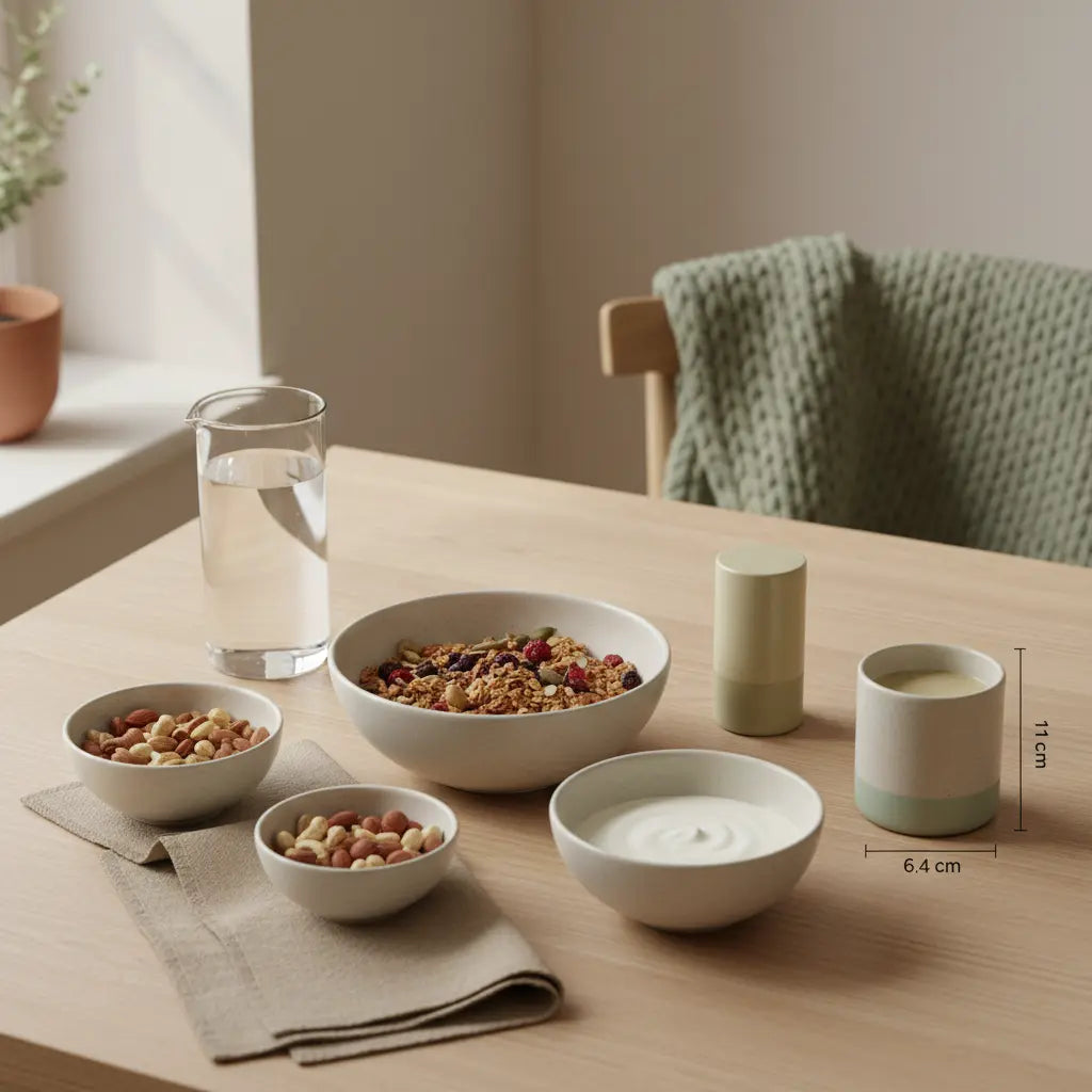 Minimalistisches Frühstück in einer europäischen Küche mit Granola, pflanzlichem Joghurt, Nüssen und Shake auf nachhaltigem Tisch – fettarme eiweißlieferanten als nahrhafte Option.