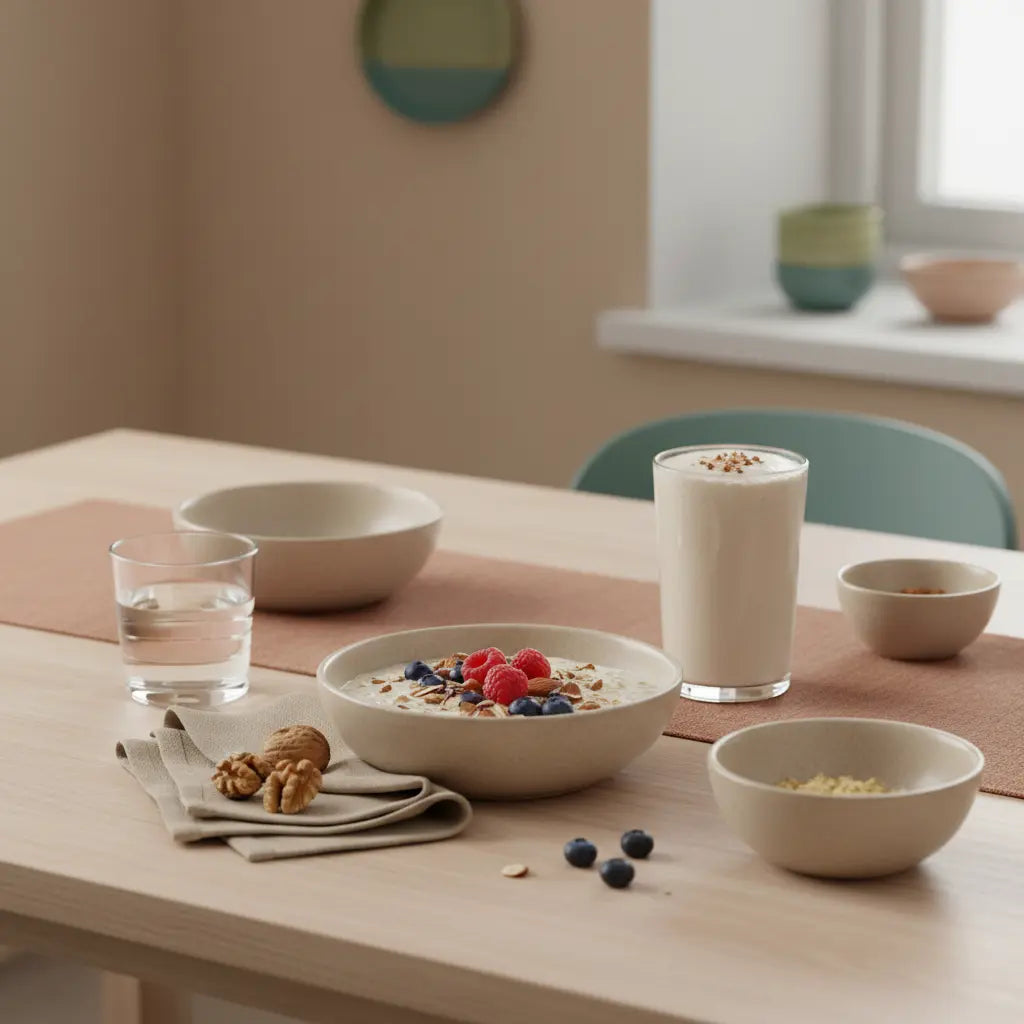 Minimalistisches Morgenfrühstück auf nachhaltigem Holztisch mit Haferbrei, Nüssen, Beeren, Wasserglas und Vegardians-Produkt, fettverbrennung ankurbeln