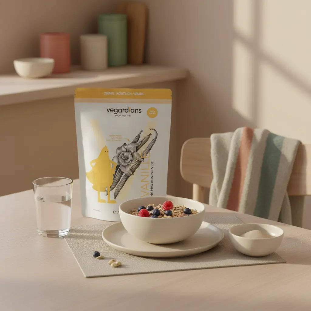 Minimalistisches Morgenfrühstück in europäischer Küche mit Müsli, Nüssen, pflanzlichem Shake und Glas Wasser in erdigen Tönen, ruhige Atmosphäre, Fokus fettverbrennung pro stunde