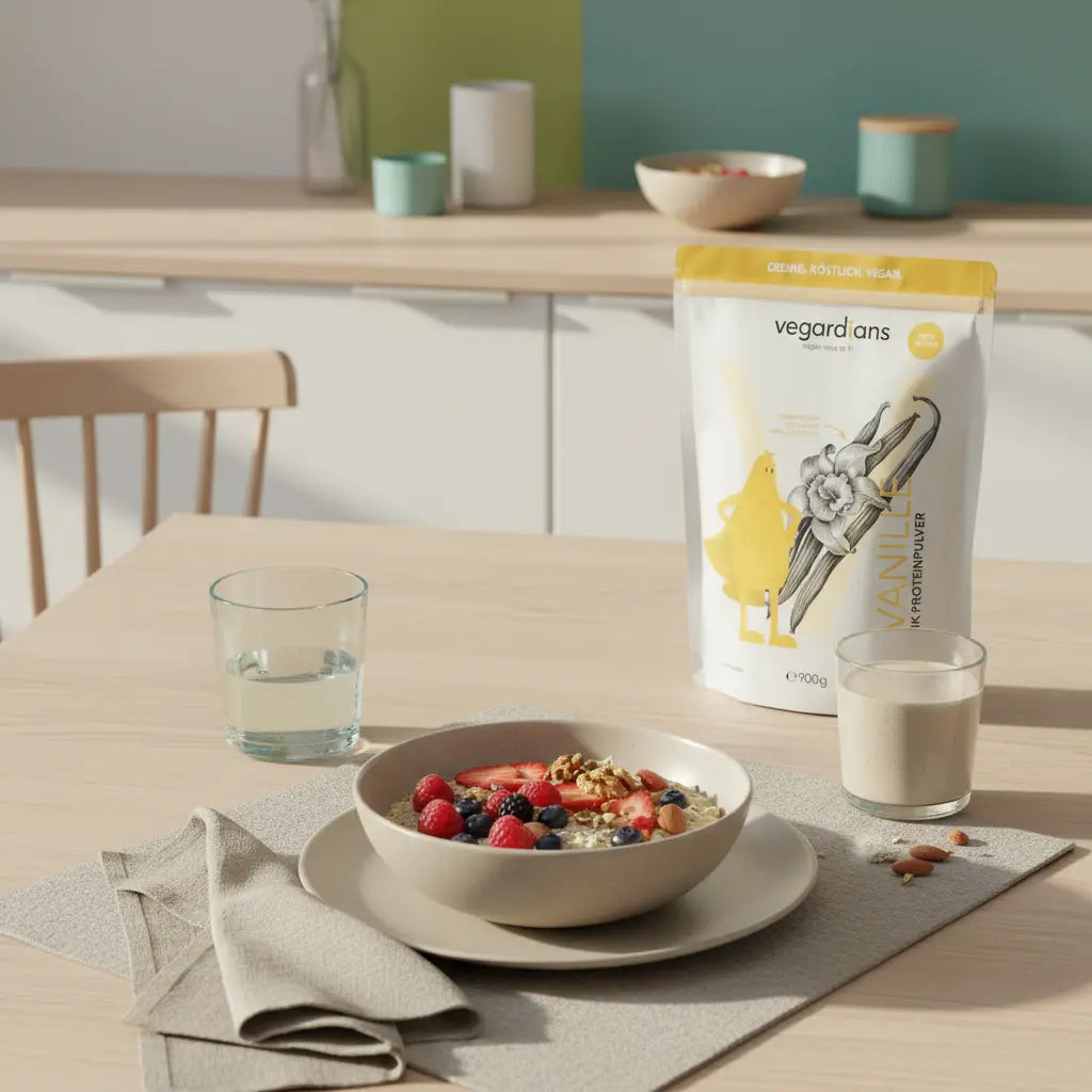 Minimalistische Morgenaufnahme eines nachhaltigen Holztisches mit veganem Protein-Müsli, Shake und Glas Wasser in ruhiger, nährender Stimmung – ideal für fettverlust 4 wochen