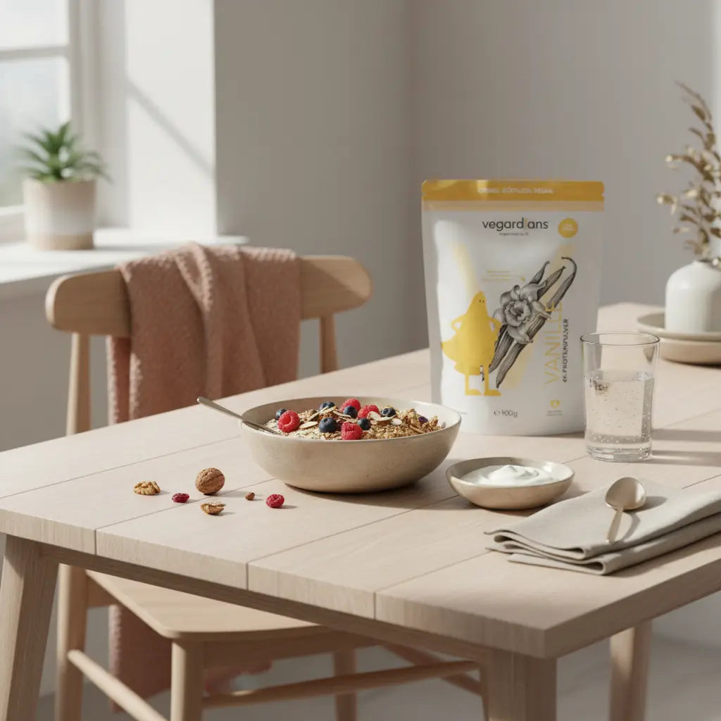 Minimalistische europäische Küchenszene mit proteinreicher veganer Mahlzeit (Hafer, Nüsse, Beeren), Glas Wasser und dezenter Verpackung des Produkts aus den Referenzfotos, fördert fettverlust und muskeln aufbauen