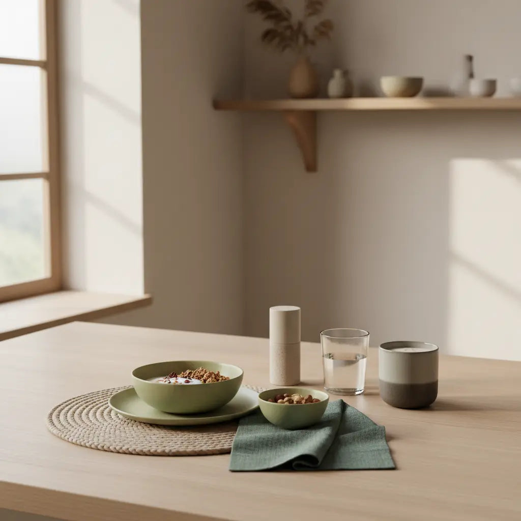 Minimalistisches Vegardians-Frühstück mit Granola, pflanzlichem Joghurt, Nüssen und Shake auf Holztisch im Morgenlicht — Fokus: fischöl immunsystem.