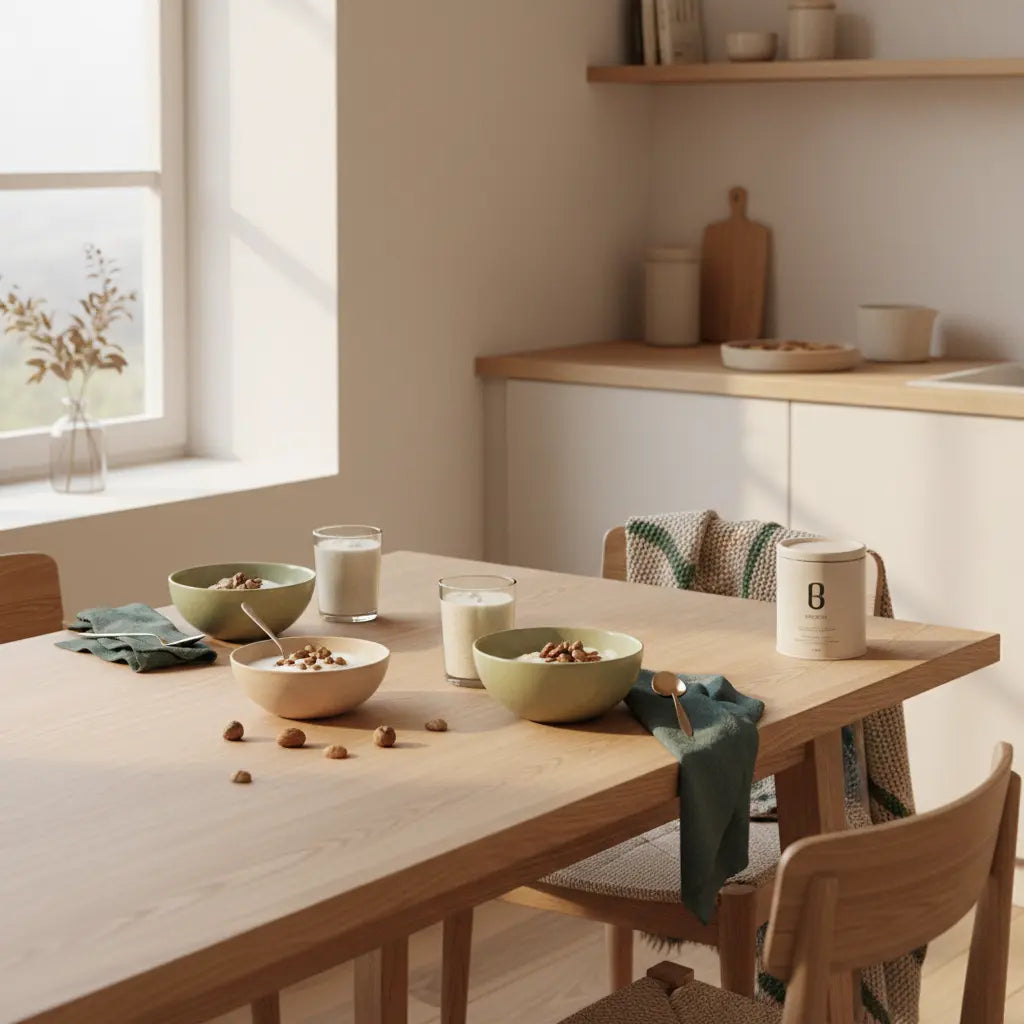 Minimalistisches veganes Frühstück in europäischer Küche bei weichem Morgenlicht mit Granola, Joghurt, Nüssen und Shake in ruhiger Vegardians-Farbwelt – fitness zitate