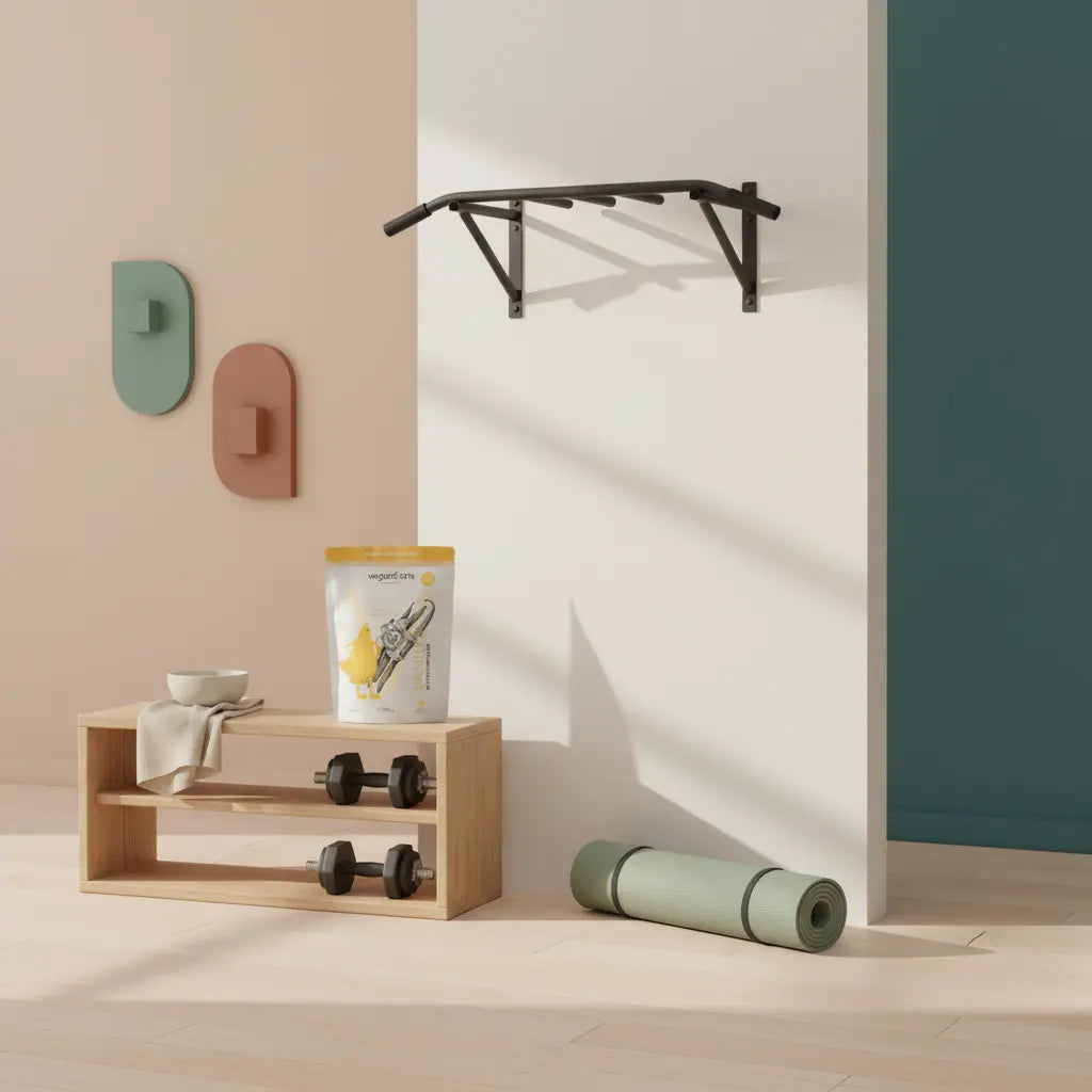 Minimalistisches Homegym mit Klimmzugstange, verstellbaren Hanteln auf Regal und Matte in heller beige-salbei-terrakotta Stimmung — Fitnessgeräte Muskelaufbau