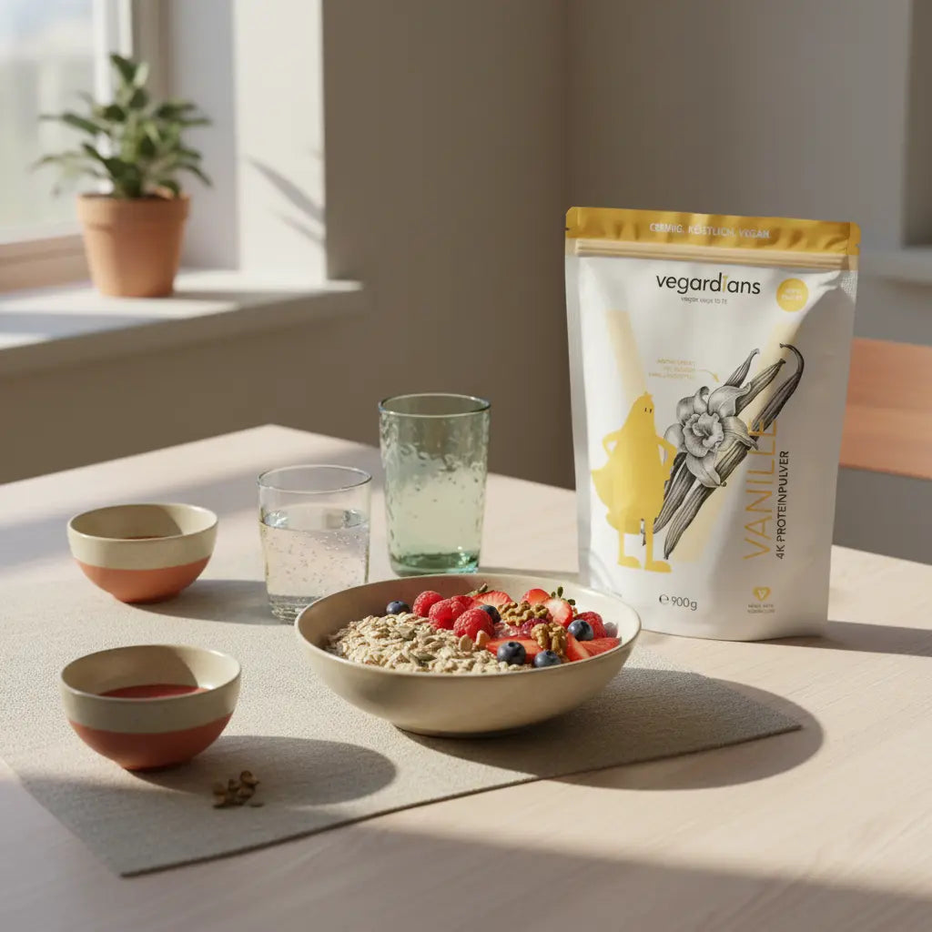 Veganes Morgenessen: Schale mit Hafer, Beeren, Nüssen und Shake auf nachhaltigem Tisch – bewusstes Frühstück gegen Bauchfett