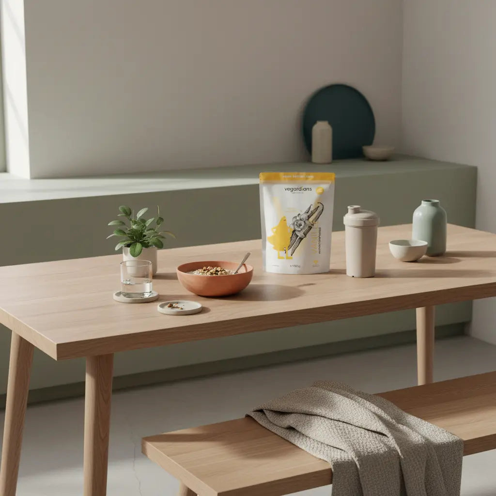 Minimalistische Morgenküche mit Haferflocken, Glas Wasser und dem Produkt aus den Referenzfotos auf nachhaltigem Holztisch — Thema: Frühstück auslassen abnehmen.