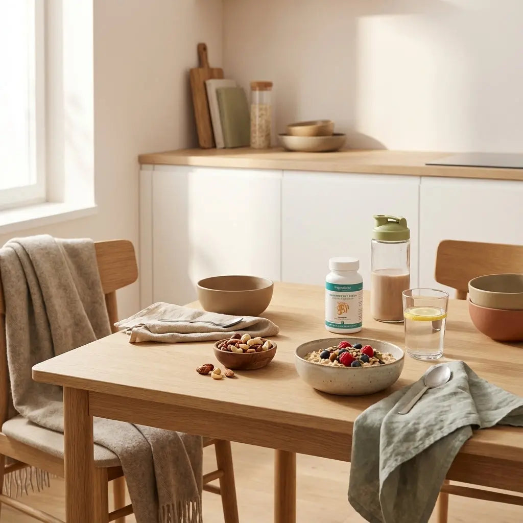 Frühstück Schwangerschaft – veganes Frühstück mit Haferbrei, Nüssen, Shake und Glas Wasser auf nachhaltigem Holztisch im sanften Morgenlicht.