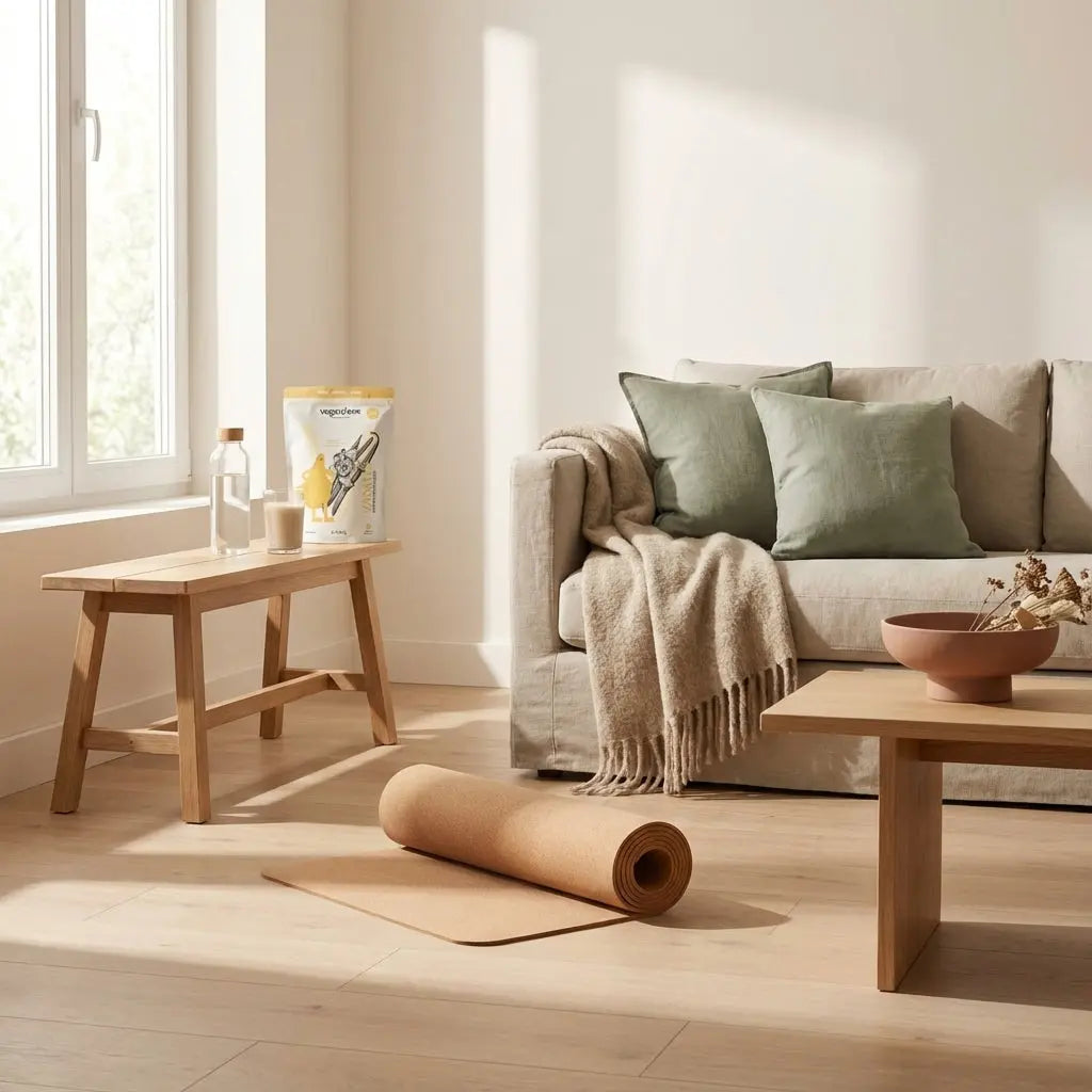 Ruhiges, minimalistisches Wohnzimmer mit zusammengerollter Yogamatte, Holzbank, Wasserflasche und Shake-Glas – Atmosphäre für ganzkörperübungen ohne geräte zu Hause