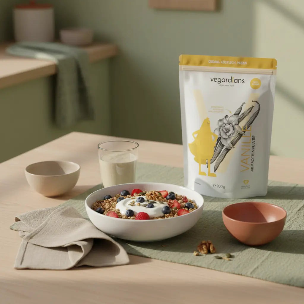 Minimalistische Morgen-Szene auf Holztisch mit veganem Müsli, Beeren, Nüssen, Shake und dem Produkt aus Referenzfotos – bewusstes Frühstück für gesund abnehmen.