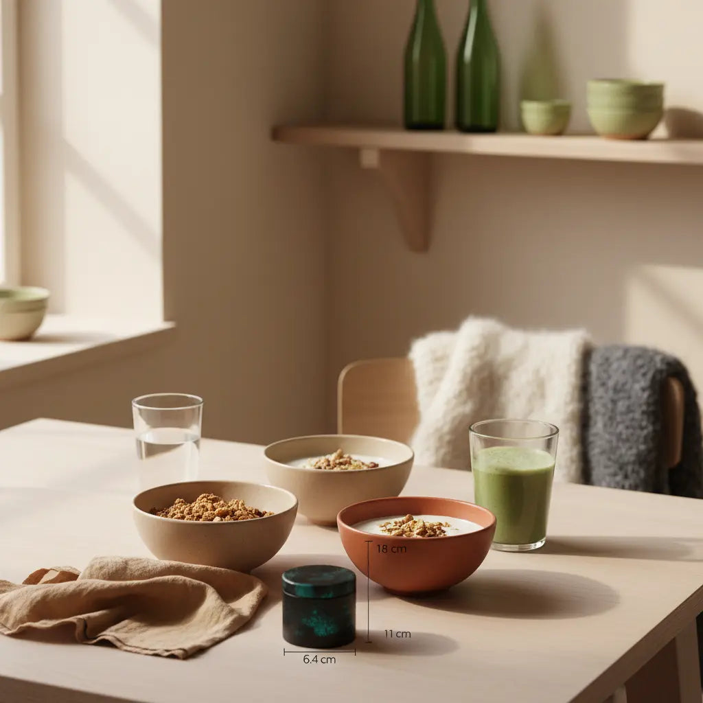 Minimalistisches Morgenfrühstück mit Granola, pflanzlichem Joghurt, Nüssen und Shake in einer europäischen Küche, Das Produkt aus den Referenzfotos sichtbar — gesunde gewohnheiten