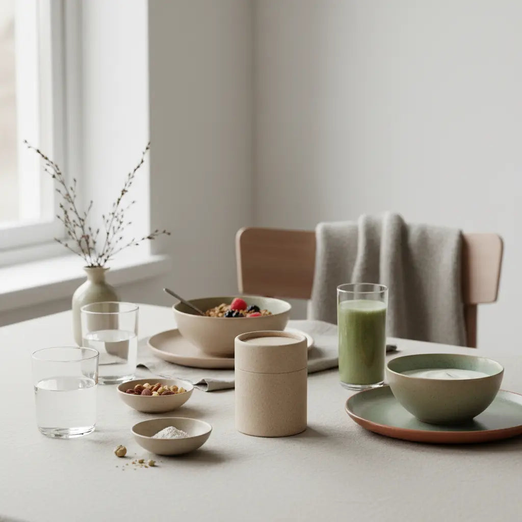 Veganer Frühstückstisch im sanften Morgenlicht mit Granola, pflanzlichem Joghurt, Nüssen und Shake, minimalistisches Setting für gesunde Weihnachtsgrüße