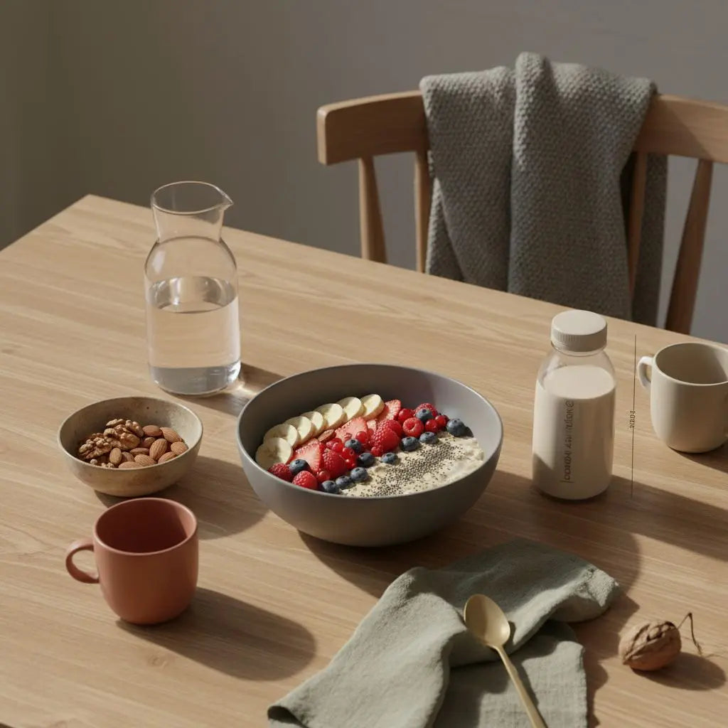 Veganer Frühstückstisch mit Hafer‑Beeren‑Müsli, Glaswasser, Keramikschale mit Nüssen und Protein‑Shake – gesunder speiseplan für die woche