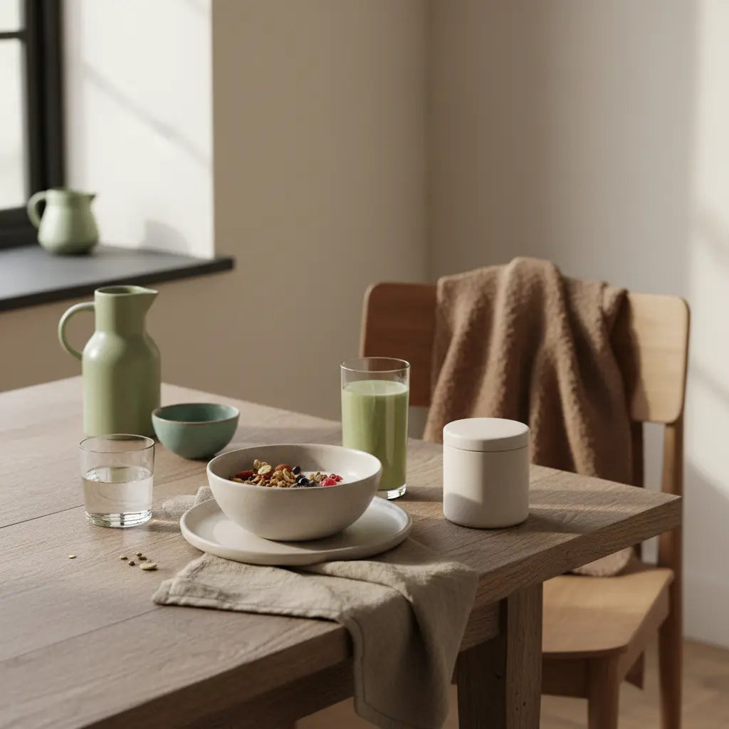 Minimalistisches Frühstück mit Granola, Joghurt, Nüssen und Shake auf einem klaren, nachhaltigen Tisch in europäischer Küche, klares Wasserglas und präsentiertes gesundes pflanzliches öl.