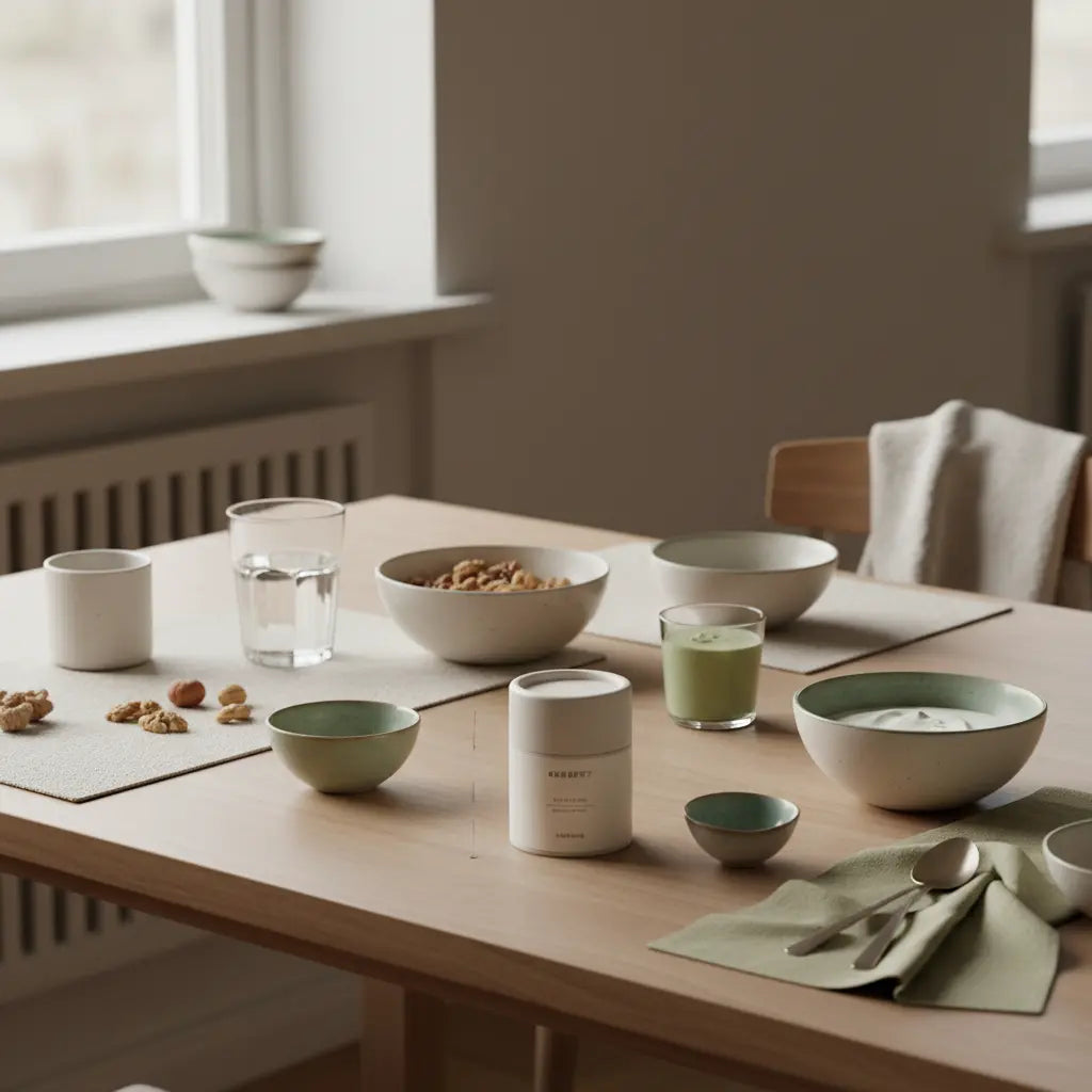 Minimalistisches veganes Frühstück mit Granola, Joghurt, Nüssen, Shake und sauberem Glas auf nachhaltigem Tisch – die gesündeste Eiweißquelle im Fokus.