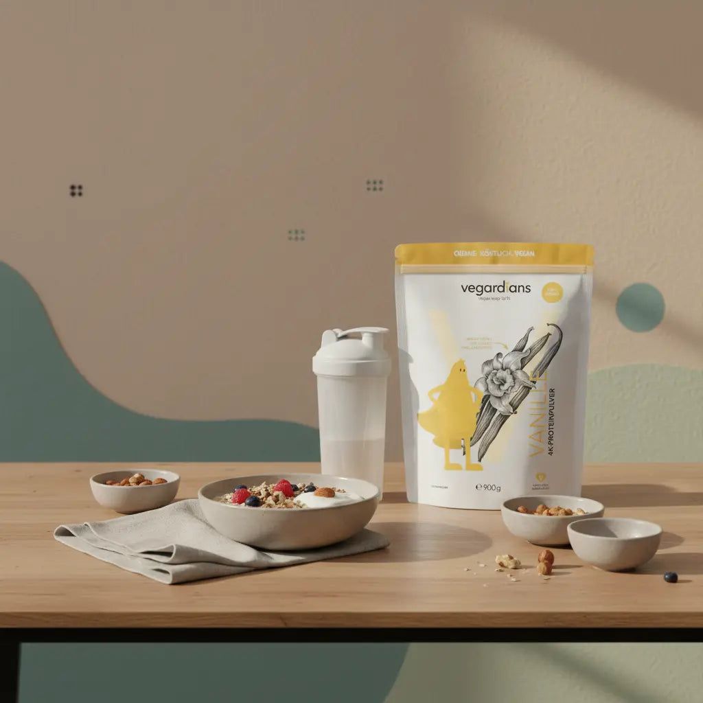 Veganes Proteinfrühstück auf nachhaltigem Holztisch mit Hafer, Pflanzenjoghurt, Nüssen, Beeren und Proteinshake (Produkt aus Referenzfotos) im Morgenlicht; gleichzeitig fett verlieren und muskeln aufbauen