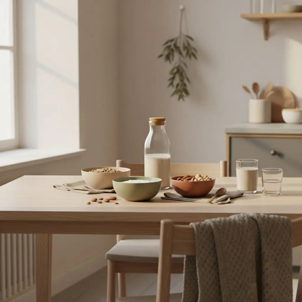 Ruhiges veganes Frühstück mit Granola, Joghurt, Nüssen und Shake in einer europäischen Küche im Morgenlicht, erdige Töne und nachhaltiges Setting – guter Trainingsplan fürs Fitnessstudio