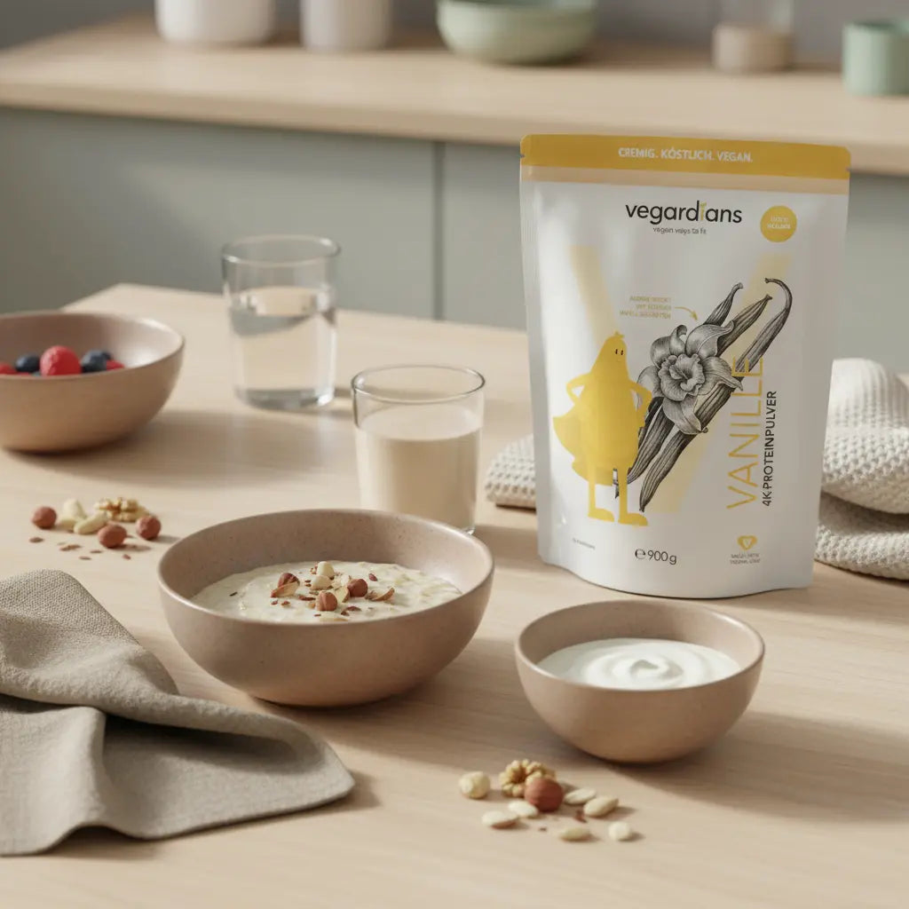 Porridge mit Joghurt, Nüssen und Shake auf nachhaltig‑em Holztisch im sanften Morgenlicht mit winterlichen Woll- und Leinenakzenten – Hafertage Abnehmen