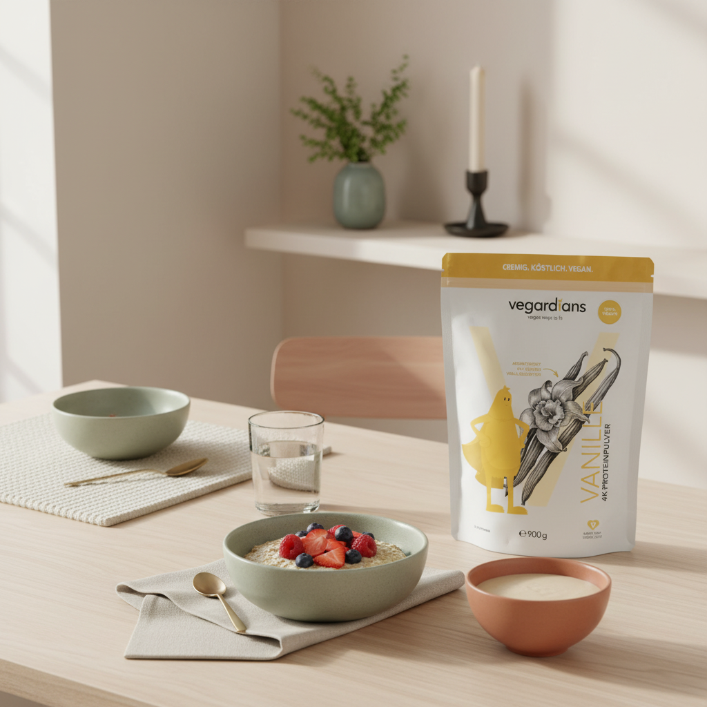 Minimalistische Küchenszene mit veganer Mahlzeit auf nachhaltigem Holztisch im Morgenlicht; Keramikschale mit Haferbrei und Beeren, Glas Wasser, kleiner Shake – Hausmittel beim Abnehmen