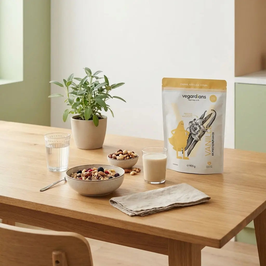 Minimalistischer Morgentisch mit Glas Wasser, pflanzlichem Müsli, Nüssen und Proteinshake in einer europäischen Küche, ruhige Vegardians-Farbpalette – Heimtrainer Bauchfett