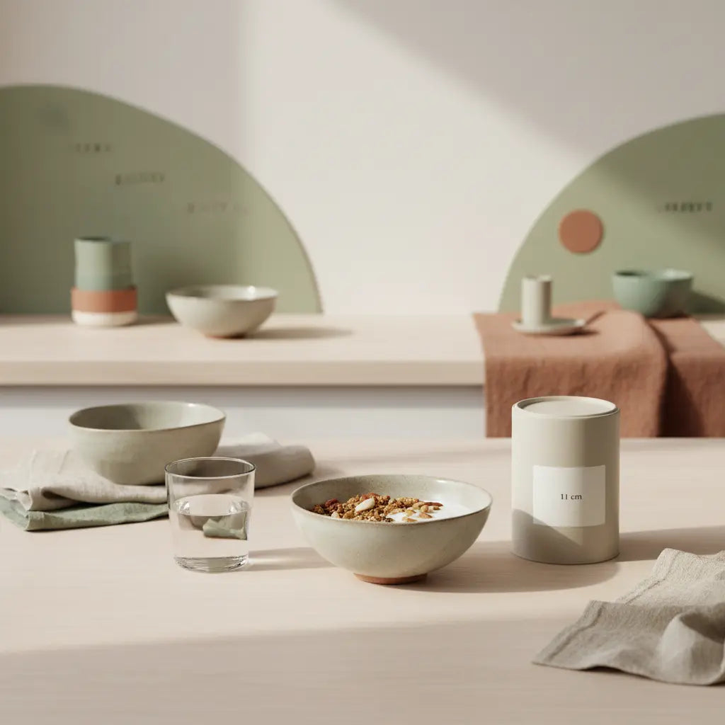 Herbstliches, nachhaltiges Frühstück in einer hellen europäischen Küche: minimalistisch gedeckter Tisch mit Granola, pflanzlichem Joghurt, Nüssen und Shake im sanften Morgenlicht.