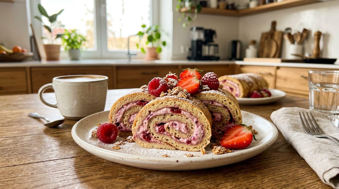 Vanille Protein-Pfannkuchen-Rolle mit Beerencreme