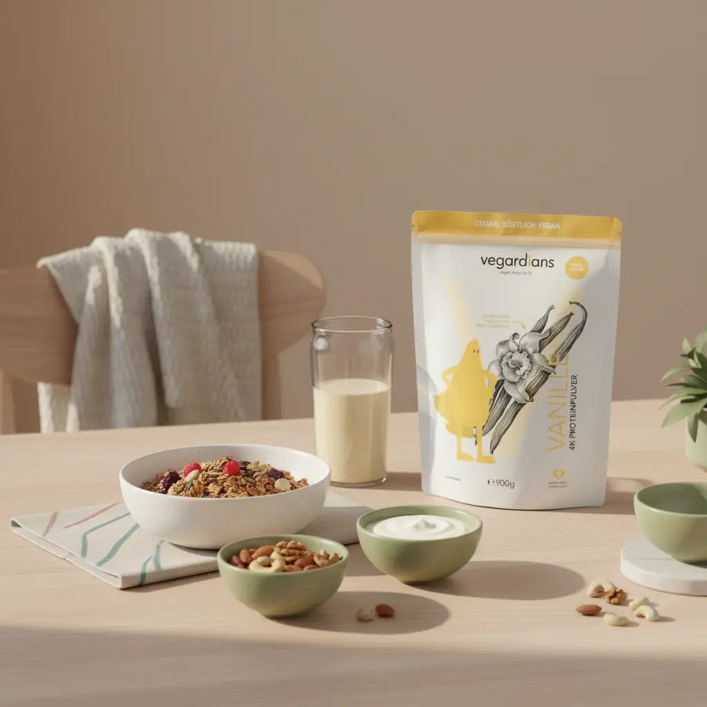 Veganes Frühstück mit Proteinshake und Müsli auf nachhaltigem Holztisch im Morgenlicht – HIIT Fettverbrennung