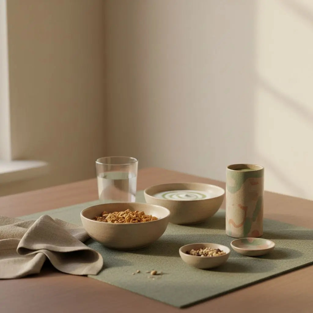 Minimalistisches Frühstück mit Granola, Joghurt, Nüssen und Shake auf einem Tisch in warmer Morgenbeleuchtung – hilft omega-3 gegen schleim