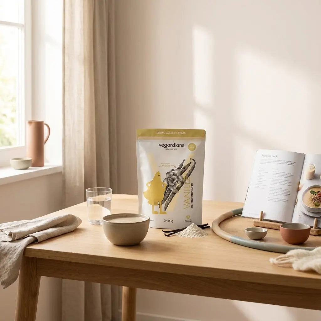 Hula-Hoop abnehmen: ruhige Morgenszene in Küche mit Holztisch, Hula‑Hoop an der Seite, Glas Wasser, veganem Shake in Keramikschale und offenem Rezeptbuch