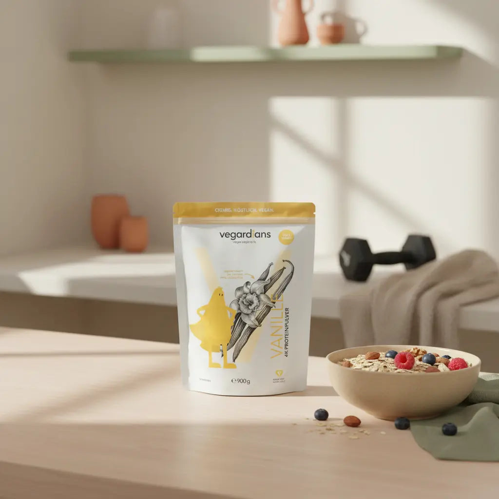 Minimalistische Küchen-Ecke mit Proteinshake (Das Produkt aus den Referenzfotos), Hafer-Schale mit Nüssen und Beeren, gefaltetes Handtuch und kleine Hantel im Hintergrund im sanften Morgenlicht – im Fitnessstudio trainieren