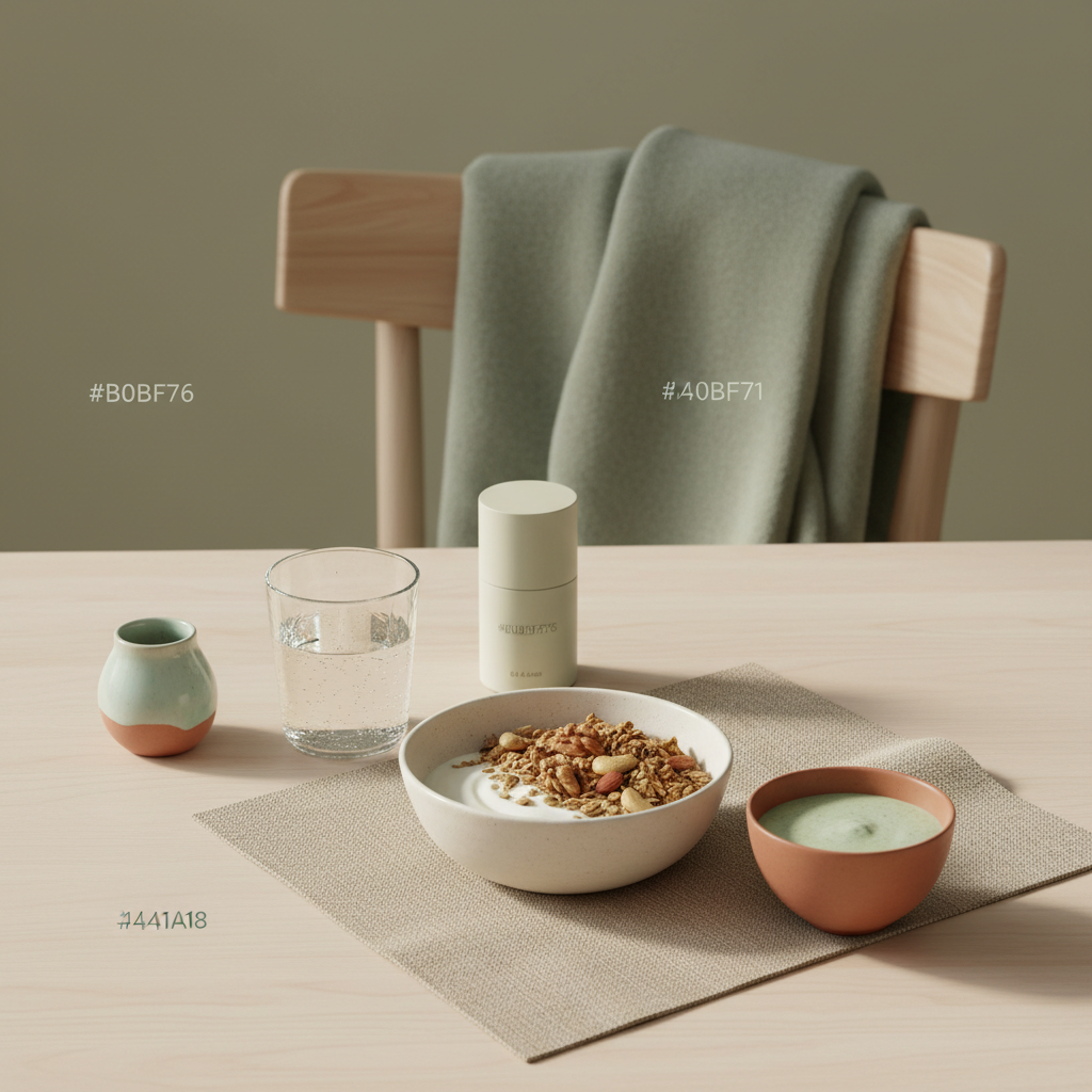 Veganer Morgen in einer europäischen Küche mit Granola, Joghurt, Nüssen und Shake auf nachhaltigem Tisch – Immunsystem stärken im Winter