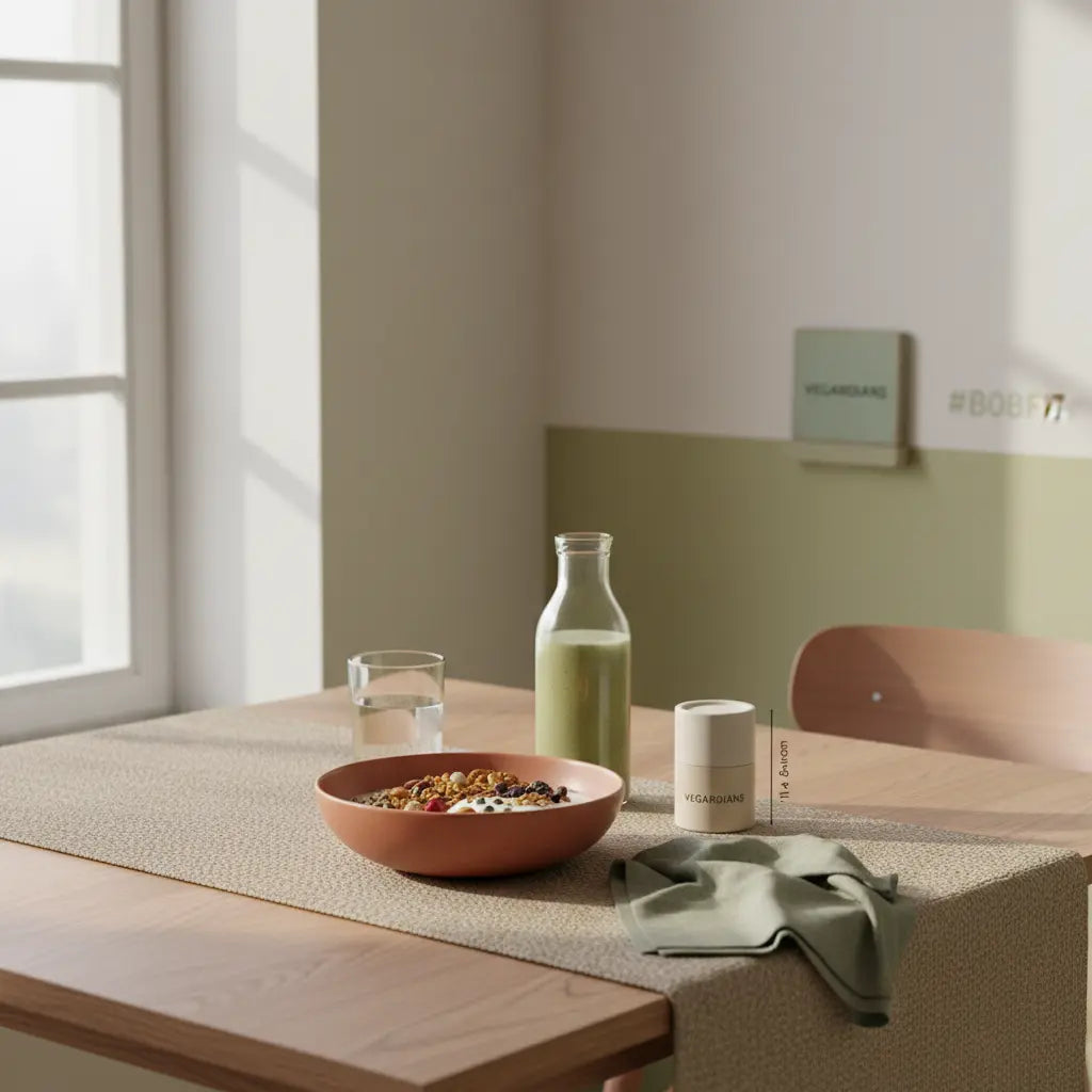 Minimalistisches Frühstück in heller europäischer Küche mit pflanzlichem Joghurt, Granola, Nüssen, Shake und dem Produkt aus Referenzfotos — immunsystem stärken extrem