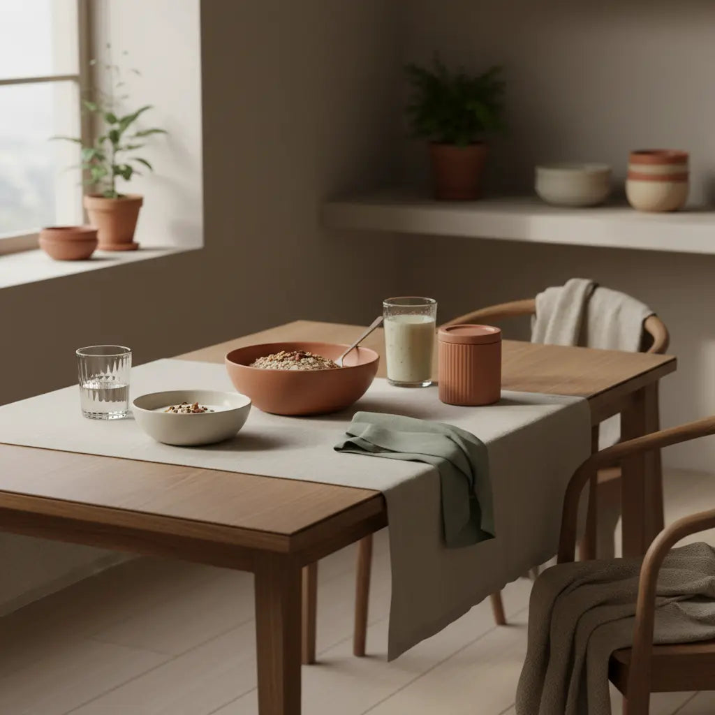 Veganes Frühstück mit Haferbrei, Joghurt, Nüssen und Shake auf nachhaltigem Tisch in europäischer Küche bei Morgenlicht, Immunsystem stärken im Winter