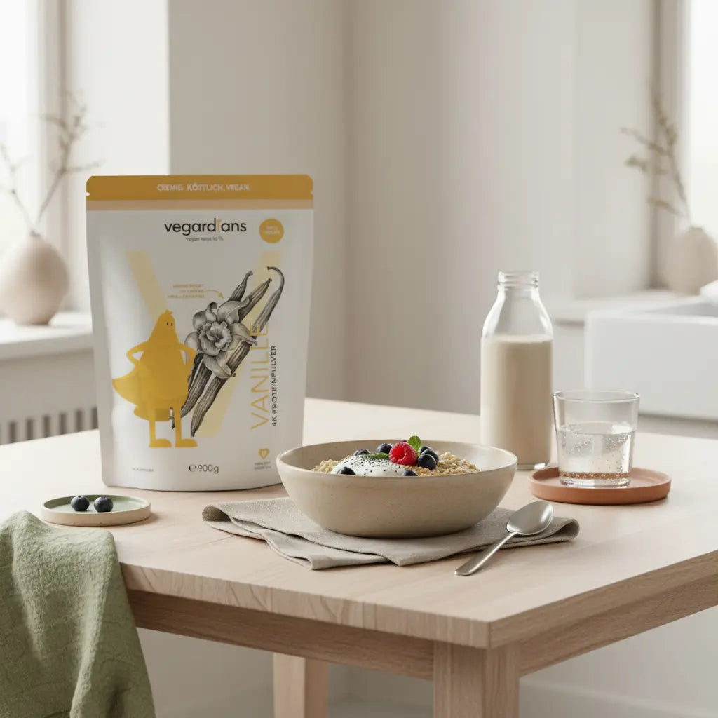 Veganes Frühstück mit Hafer, Sojajoghurt, Beeren, Glas Wasser und Produkt aus den Referenzfotos auf Holztisch im Morgenlicht – in 2 Wochen abnehmen