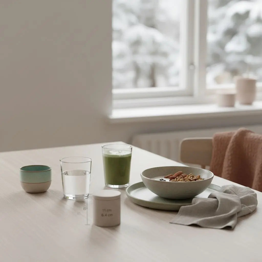 Minimalistisches Frühstück mit Granola, pflanzlichem Joghurt, Nüssen und Shake neben dem Produkt aus den Referenzfotos – ästhetisch, nährend und bewusst; Tipps für in 3 Wochen abnehmen