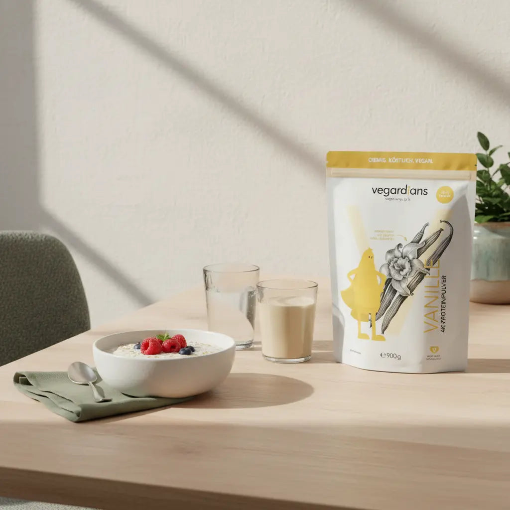 Europäische Küche im Morgenlicht mit Haferbrei, Beeren, Glas Wasser, pflanzlichem Shake und dem Produkt aus den Referenzfotos auf nachhaltigem Holztisch – in 4 Wochen abnehmen