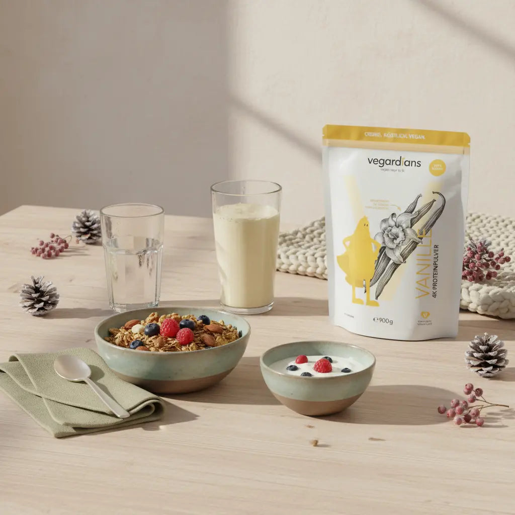 Minimalistische Küchenszene mit veganem Müsli, Nüssen, Shake und Glas Wasser auf Holztisch in warmer Morgenstimmung, Thema insulinresistenz abnehmen