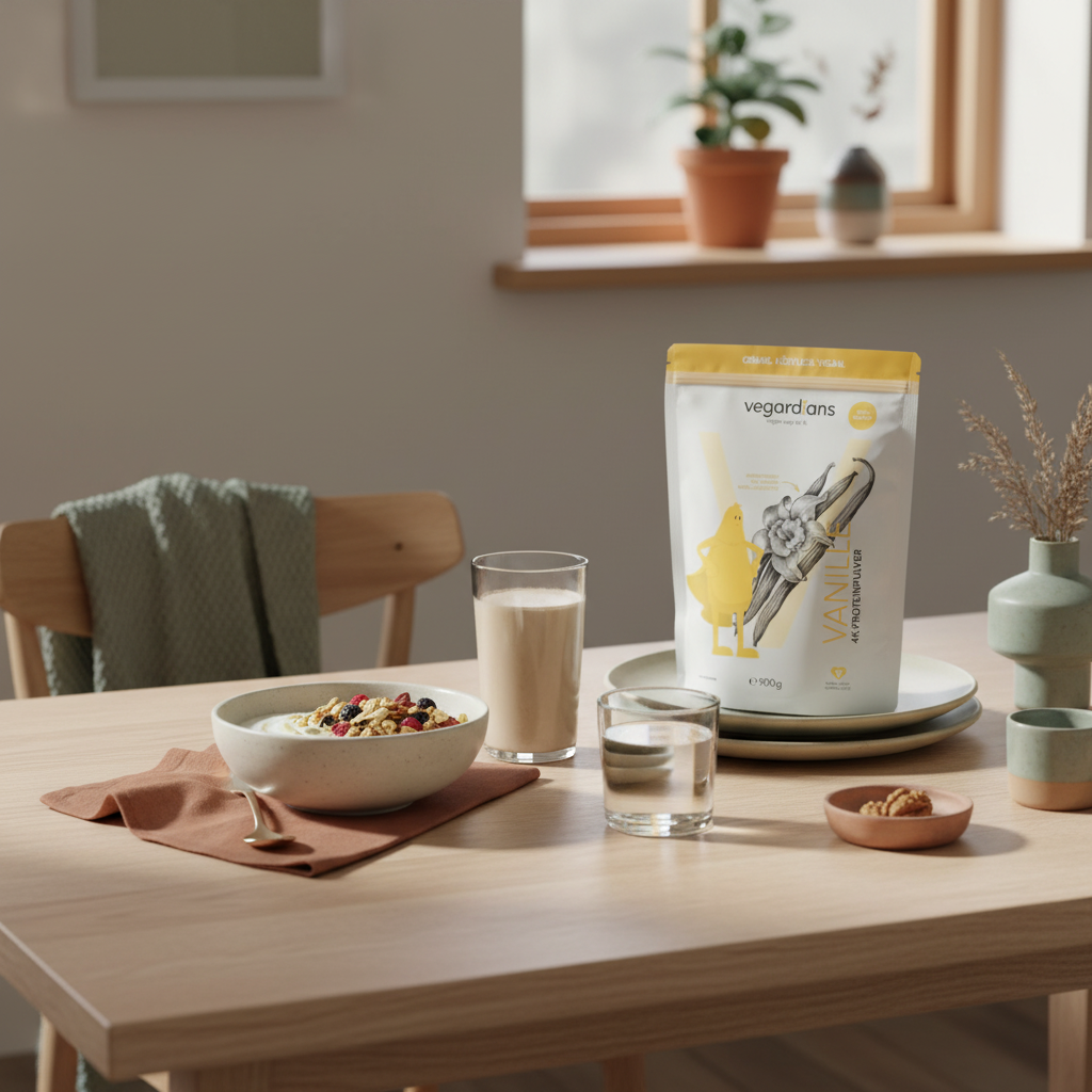 Minimalistisches veganes Frühstück auf Holztisch in sanftem Morgenlicht mit Müsli, Pflanzenjoghurt, Nüssen, Shake und Wasserglas – Intervallfasten 16:8