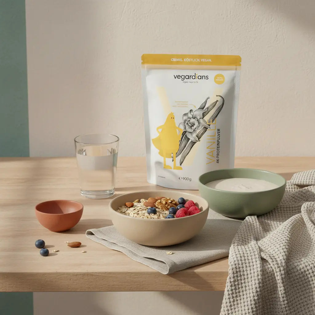 Intervallfasten Stoffwechsel verlangsamen: Europäische Küchen-Szene im Morgenlicht, Holztisch mit Glas Wasser, Haferflocken, Nüssen, Beeren und neutralem Protein‑Shake, minimalistisch.