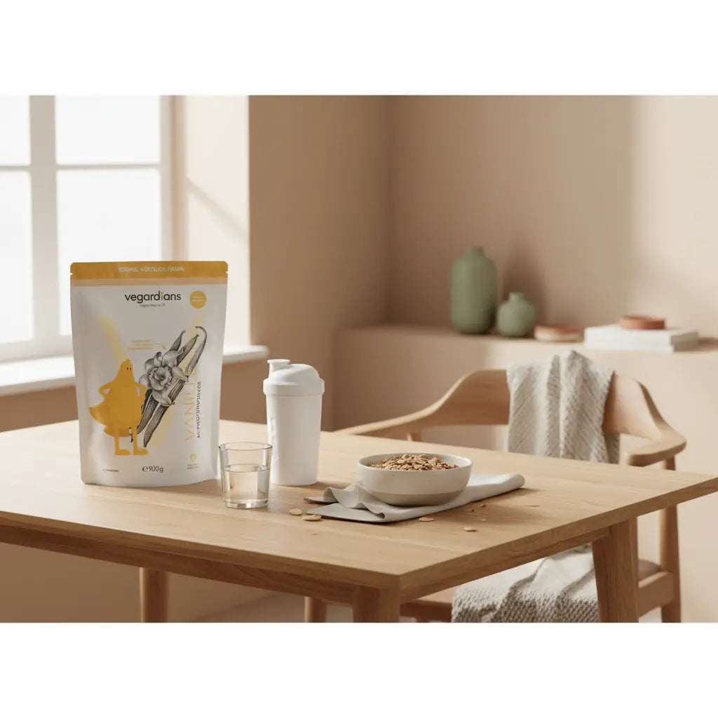 Ist der Stepper Cardio – Minimalistische Morgenaufnahme: Holztisch mit Glas Wasser, schlichter Shake und Schale Haferflocken mit Nüssen in sanftem Morgenlicht, ruhige Vegardians-Farbwelt.