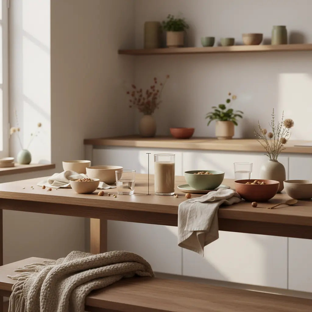 Ist Käse tierisches Eiweiß: Minimalistischer Frühstückstisch mit veganem Granola, pflanzlichem Joghurt, Nüssen, Shake und dem Produkt aus den Referenzfotos vor beigem Hintergrund (#F7EDE6).