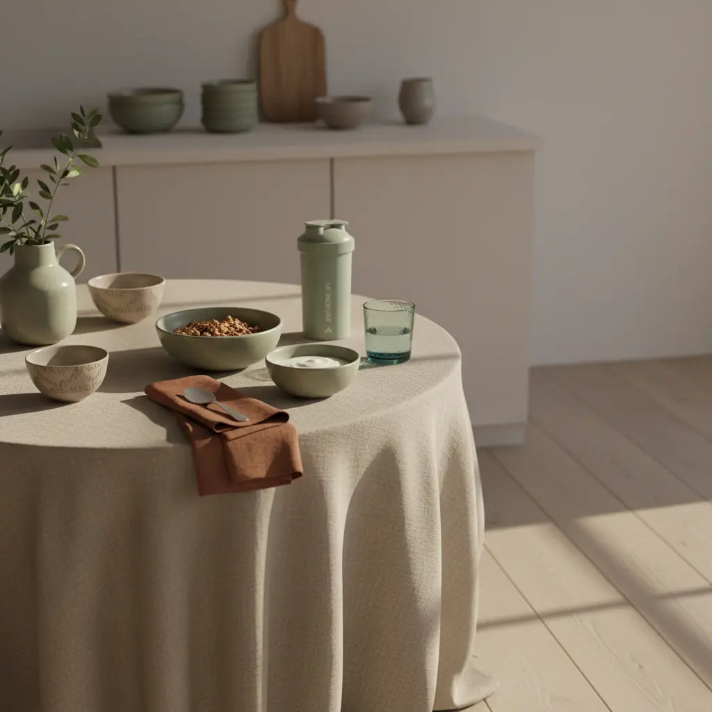 Minimalistischer Küchentisch mit Granola, pflanzlichem Joghurt, Nüssen, Shake und klarem Wasserglas im Morgenlicht – nachhaltiges Setting, Thema: kalorien pro plätzchen