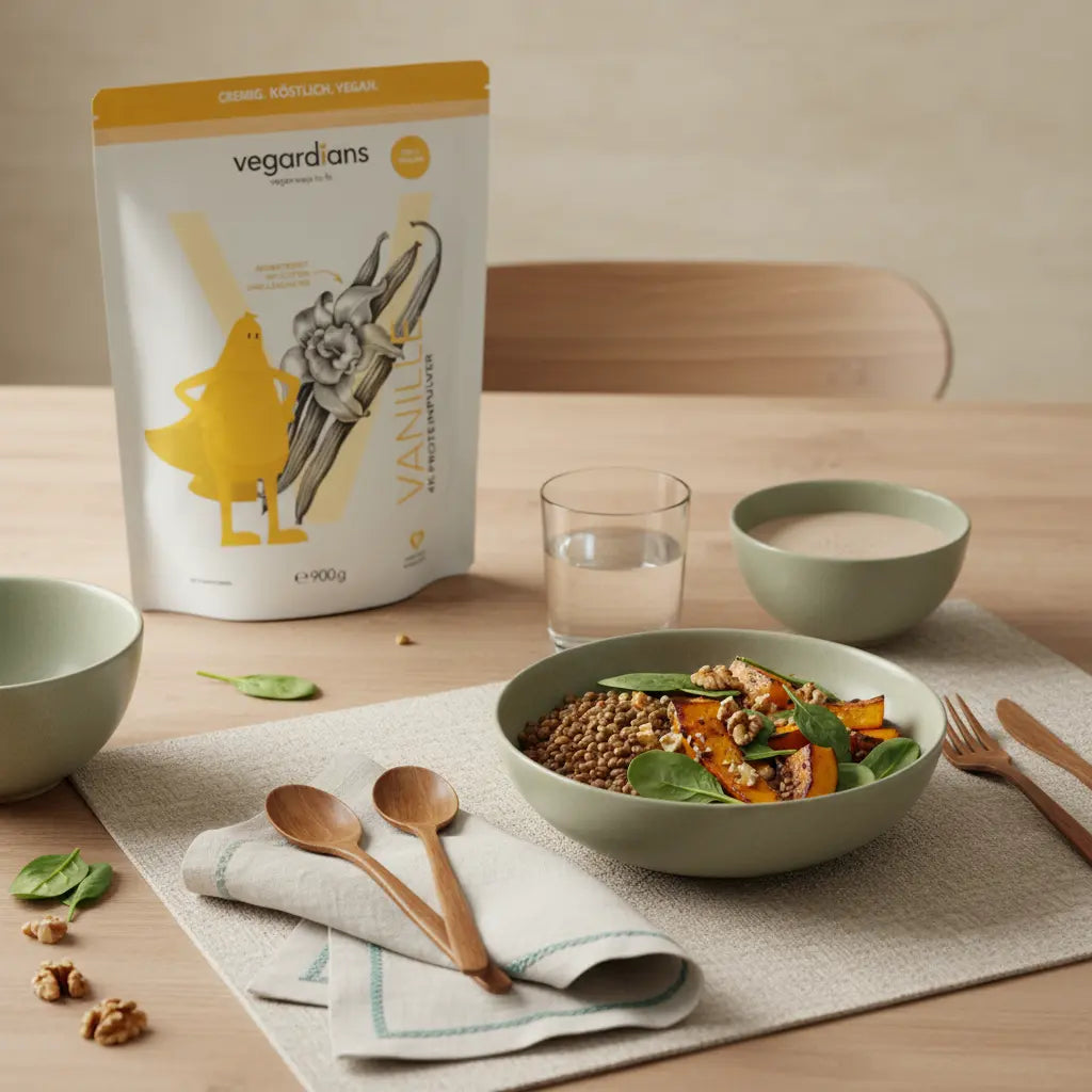 Nachhaltiger Holztisch mit kalorienarmer Bowl (Linsen, Ofengemüse, Spinat) und ungesüßtem Protein‑Shake in Keramik, sanftes Morgenlicht, ruhige vegane Ästhetik - kalorienarme Rezepte