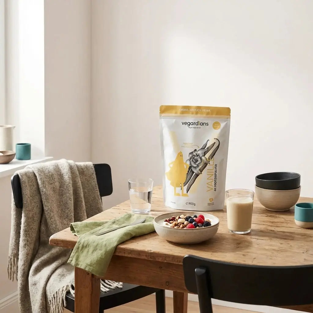 Minimalistische europäische Küchenszene mit Frühstücksschale, Glas Wasser, Nüssen, Beeren und veganem Shake neben dem Produkt, natürliche Farbtöne, kalorienärmste süßigkeit