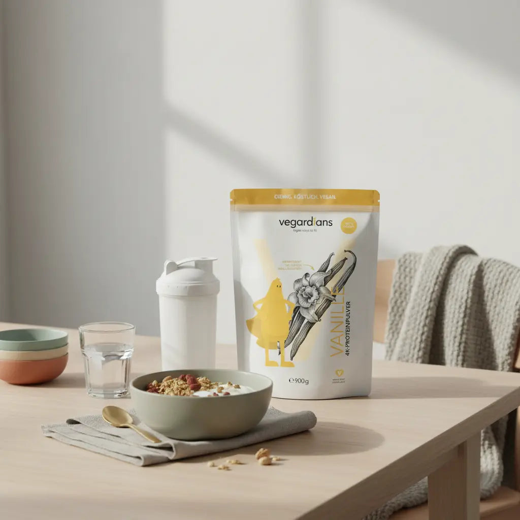 Morgenlicht in europäischer Küche: Holztisch mit Glas Wasser, Schüssel Müsli mit pflanzlichem Joghurt, Nüssen und Protein‑Shake, ruhige Kaloriendefizit Ernährung.